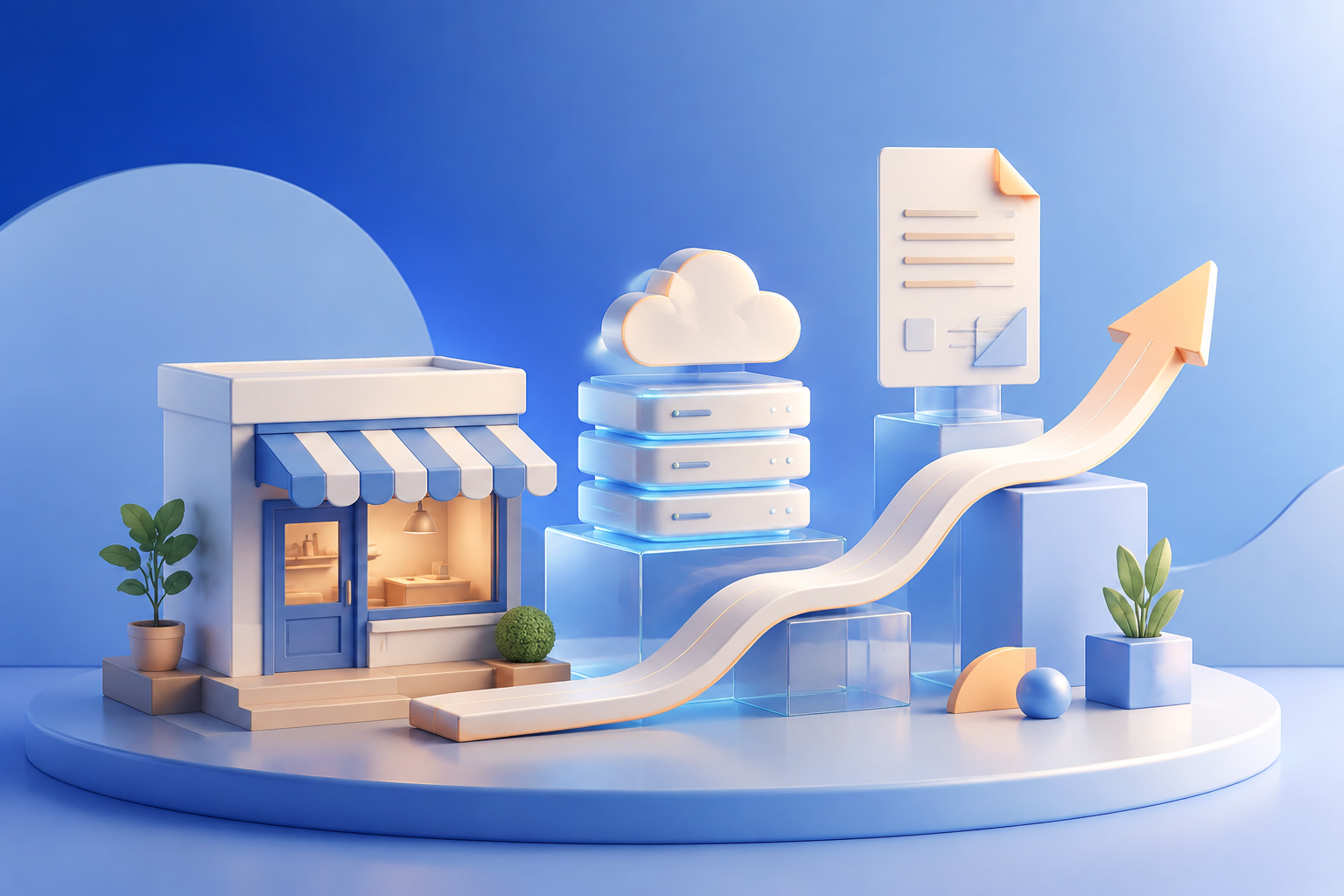 Ilustración 3D de una pequeña empresa conectada a documentos y gestión en la nube
